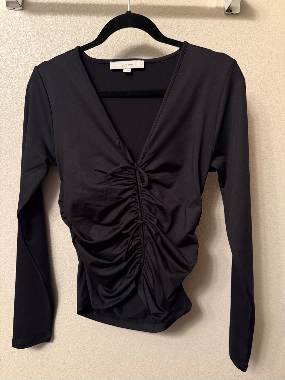 LOFT Black Ruched V-Neck Long Sleeve Top